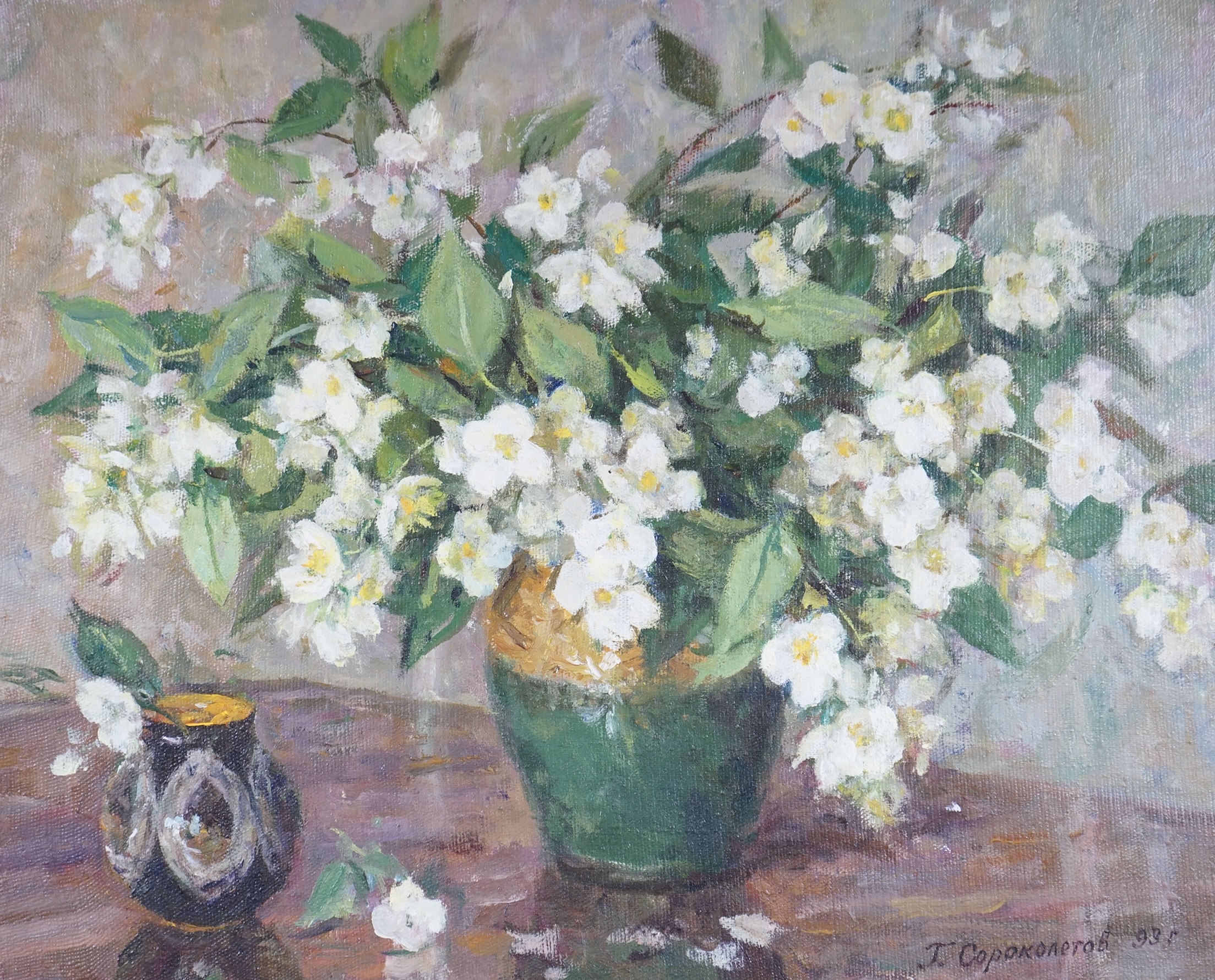 Gavriil Sorokolekov (Ukrainian, 1913-2001), oil on canvas, Still life, ‘Spring Blossoms’, signed, inscriptions and labels verso, 39 x 49cm. Condition - good